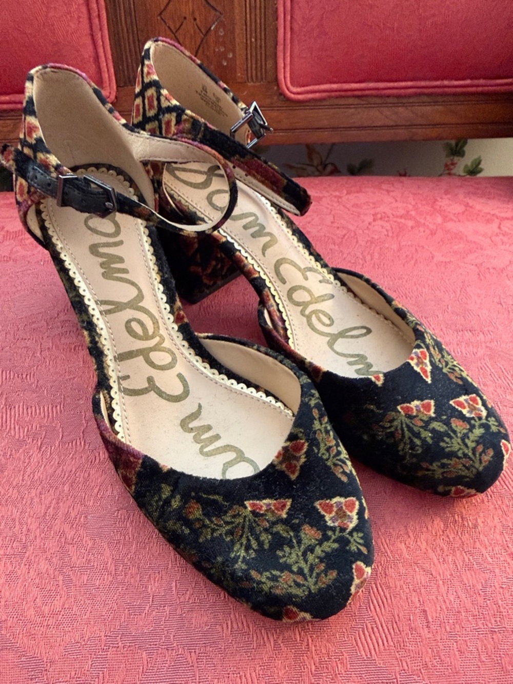 Sam Edelman Black Floral Velvet Ankle-Strap Block Heels